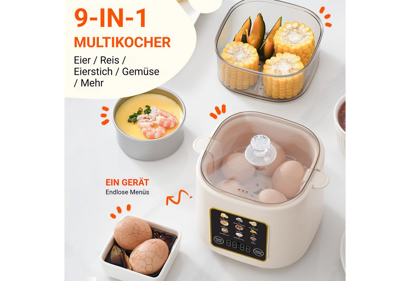 Tekoo Eierkocher Multifunktionaler Mini Dampfgarer elektrisch mit 24h Timer, 300 W, 24h Zeitvorwahl, 9 Programme, 9-in-1 Multikocher, Abschaltautomatik