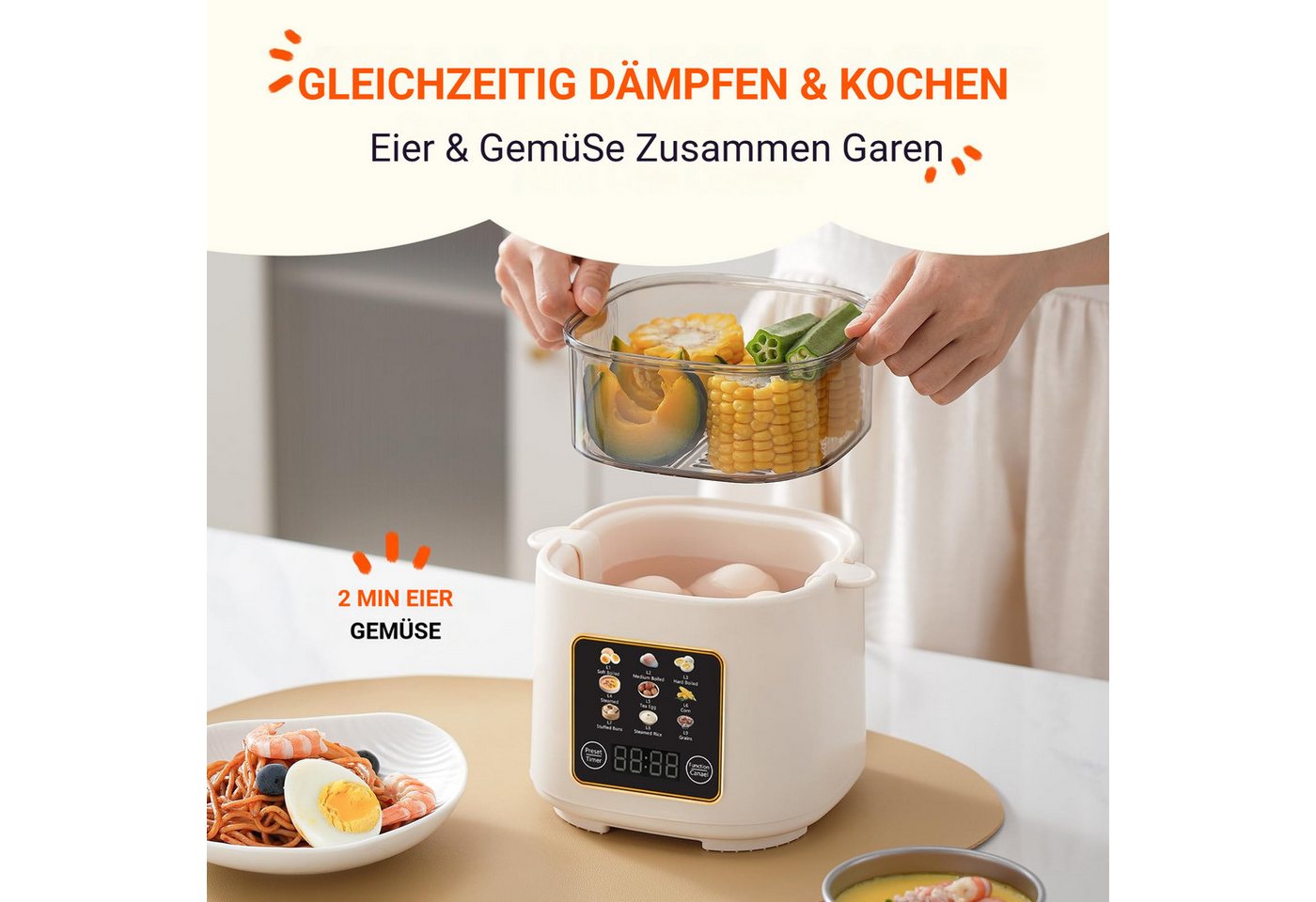 Tekoo Eierkocher Multifunktionaler Mini Dampfgarer elektrisch mit 24h Timer, 300 W, 24h Zeitvorwahl, 9 Programme, 9-in-1 Multikocher, Abschaltautomatik Bild 2