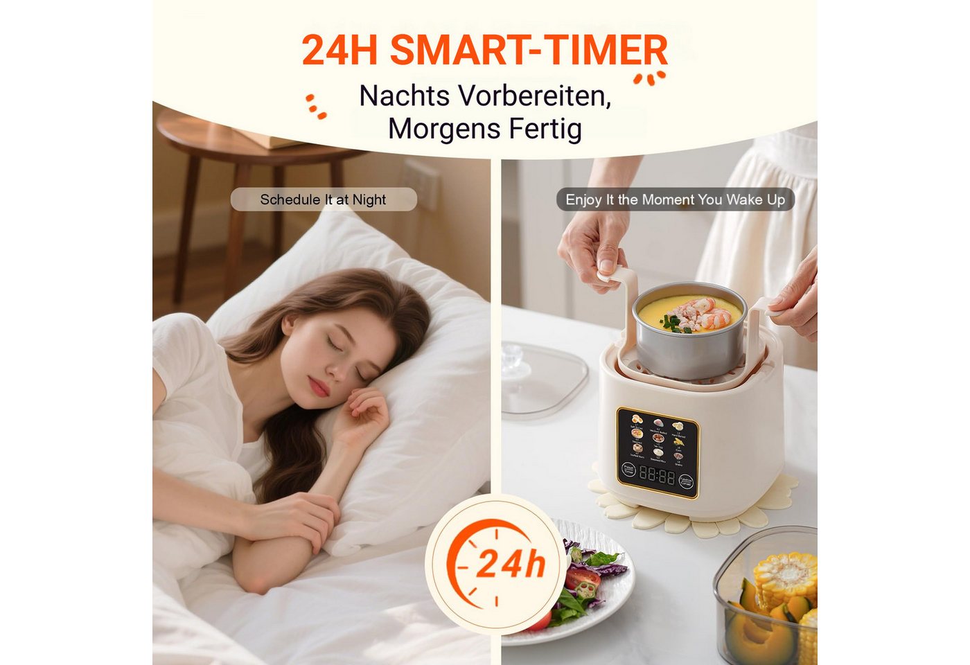 Tekoo Eierkocher Multifunktionaler Mini Dampfgarer elektrisch mit 24h Timer, 300 W, 24h Zeitvorwahl, 9 Programme, 9-in-1 Multikocher, Abschaltautomatik Bild 4