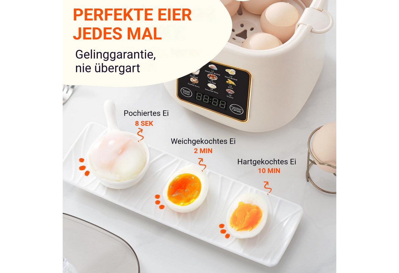 Tekoo Eierkocher Multifunktionaler Mini Dampfgarer elektrisch mit 24h Timer, 300 W, 24h Zeitvorwahl, 9 Programme, 9-in-1 Multikocher, Abschaltautomatik Bild 5