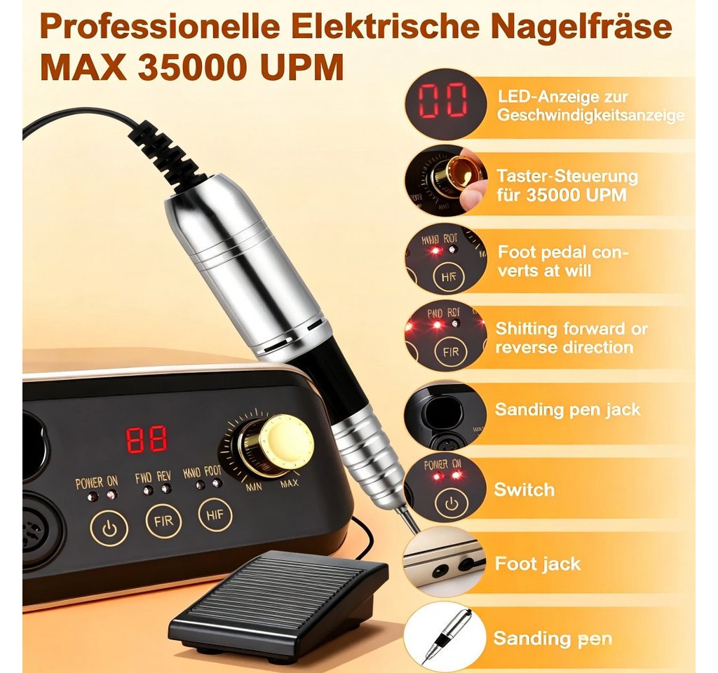 Toomoke Maniküre-Pediküre-Set Profi Nagelfräser Elektrisch 35000 U/min, Nagelfeile für Gelnägel Acryl UV Gel Maniküre Pediküre, mit Fußpedal & Fräseraufsätzen Bild 2