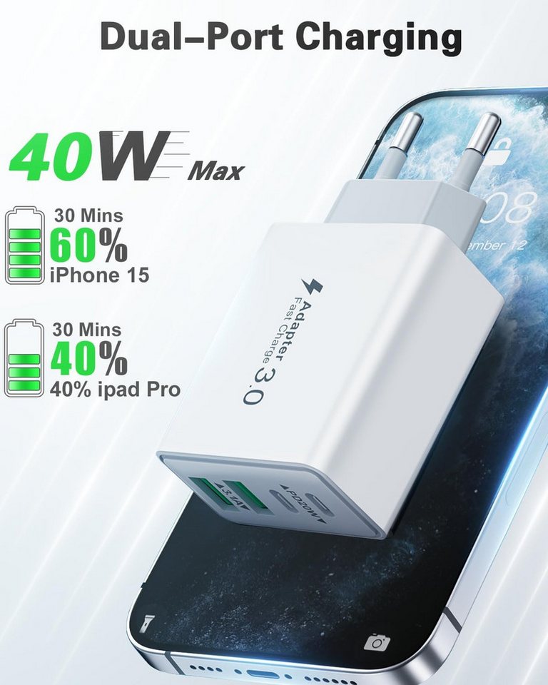 Forrlite USB C Ladegerät 40W Schnellladegerät mit 1,5 m TPE Datenkabel, Schnelllade-Gerät (Handy Ladegeräte 4 Ports, USB-C & USB-A Mehrfachstecker für Smartphone, Tablet, iPhone und Samsung) Bild 5