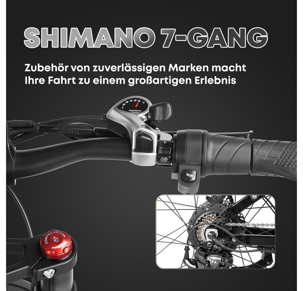 PixelPilot E-Bike Elektrofahrrad Fatbike 250W 48V 20Ah Akku, Shimano 7-Gang, Hydraulisch, 7 Gang, Heckmotor, 960 Wh