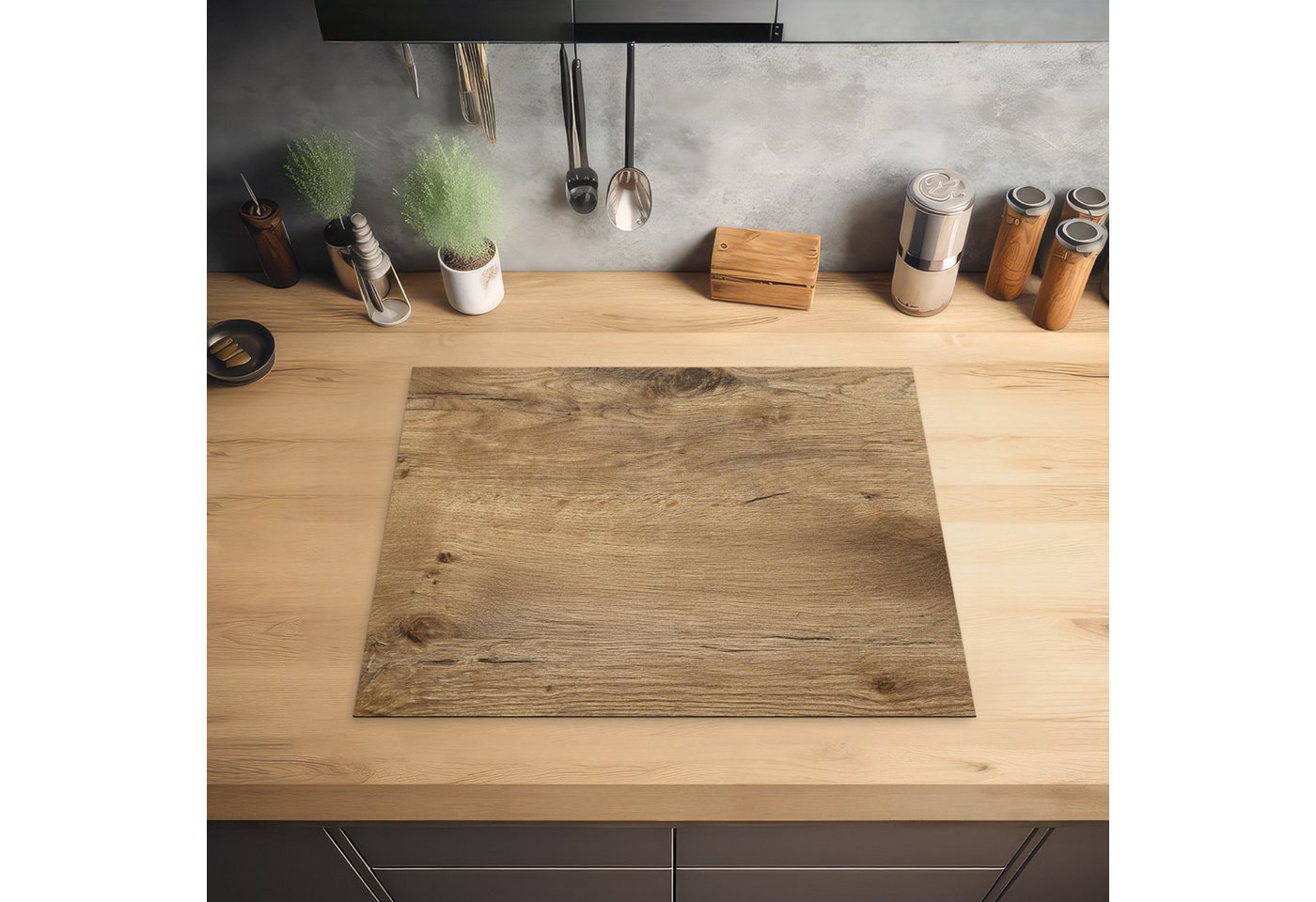 MuchoWow Herd-Abdeckplatte Holz - Braun - Holzoptik/print, Vinyl, (1 tlg), Abdeckung Induktionskochfeld Schutzmatte, Küche Deko, 65x52 cm