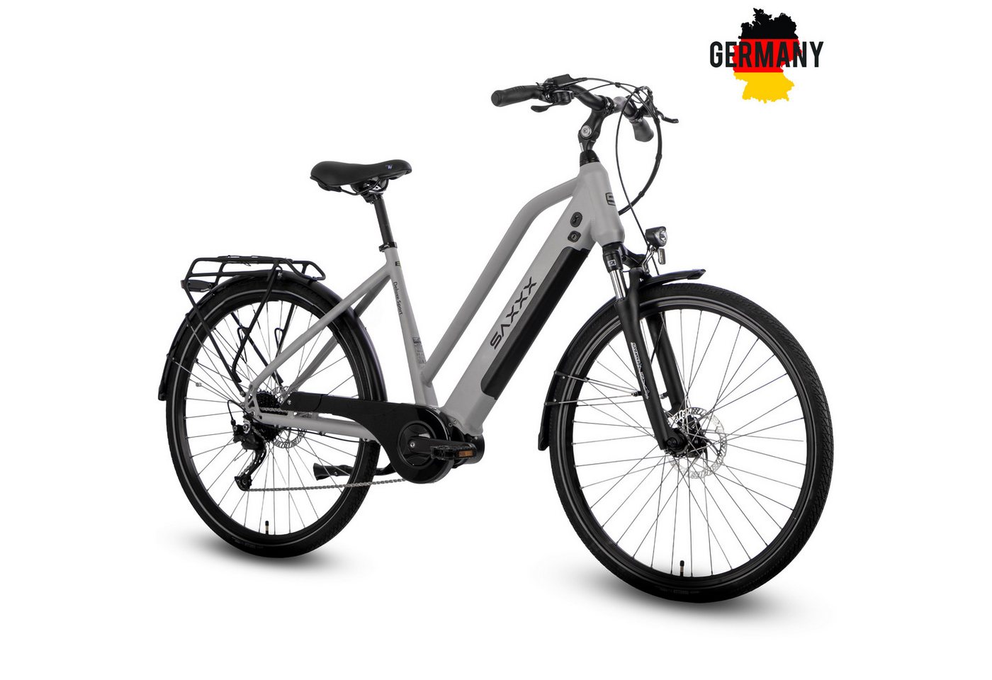 SAXXX E-Bike Cityrad 28 Zoll, 70 Nm Mittelmotor, DST, max. 100km, 95 % vormontiert, 9 Gang SHIMANO Alivio Schaltwerk, Kettenschaltung, Mittelmotor, 418 Wh, (Pedelec mit Tiefeinsteiger, bis zu 130kg, Trapez-Rahmen), Hydr. Scheibenbremse, RH: 45/50cm, Elektrofahrrad für Damen und Herren