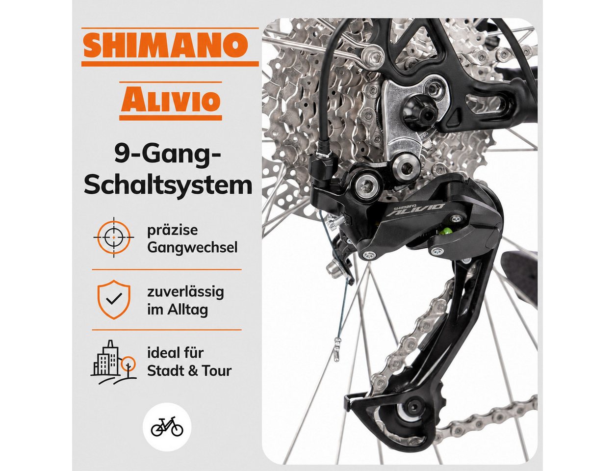 SAXXX E-Bike Cityrad 28 Zoll, 70 Nm Mittelmotor, DST, max. 100km, 95 % vormontiert, 9 Gang SHIMANO Alivio Schaltwerk, Kettenschaltung, Mittelmotor, 418 Wh, (Pedelec mit Tiefeinsteiger, bis zu 130kg, Trapez-Rahmen), Hydr. Scheibenbremse, RH: 45/50cm, Elektrofahrrad für Damen und Herren Bild 4