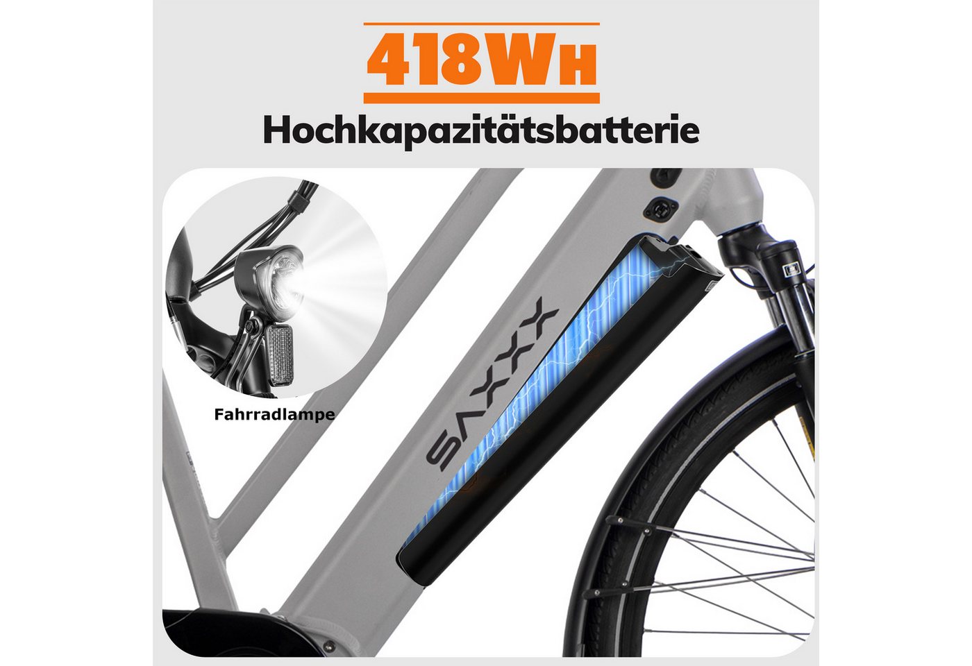 SAXXX E-Bike Cityrad 28 Zoll, 70 Nm Mittelmotor, DST, max. 100km, 95 % vormontiert, 9 Gang SHIMANO Alivio Schaltwerk, Kettenschaltung, Mittelmotor, 418 Wh, (Pedelec mit Tiefeinsteiger, bis zu 130kg, Trapez-Rahmen), Hydr. Scheibenbremse, RH: 45/50cm, Elektrofahrrad für Damen und Herren Bild 5