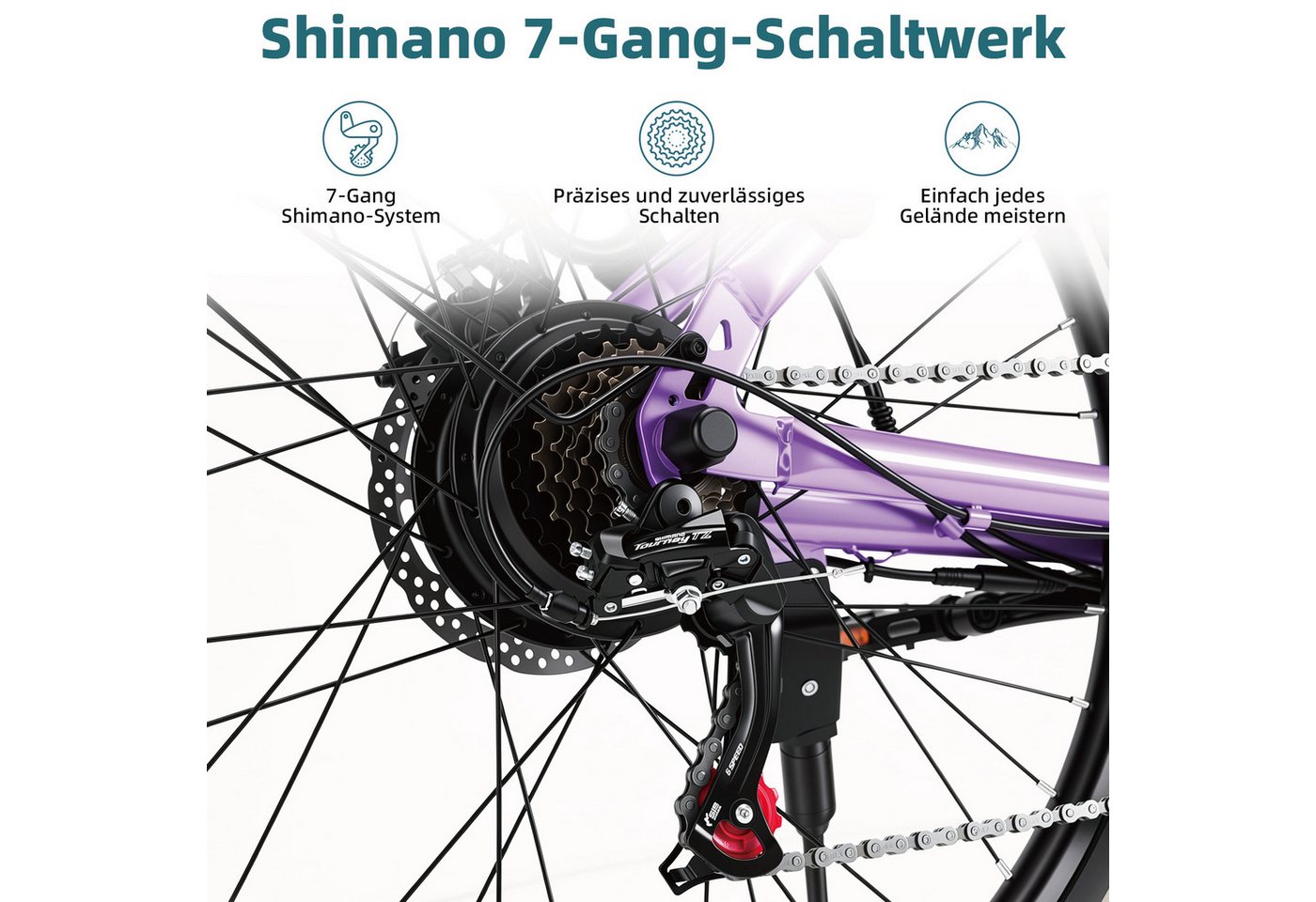 BEKUP E-Bike Cityrad Herren u. Damen 26 Zoll Fatbike mit 250 W Heckmotor bis zu 120 km, 7 Gang Shimano Shimano Tourney TZ Schaltwerk, Kettenschaltung, Heckmotor, 522 Wh, (Komplettset, E-Bike inklusive Akku und Ladegerät), Für lange Touren mit 45 Nm, Farbdisplay und Scheibenbremse Bild 3