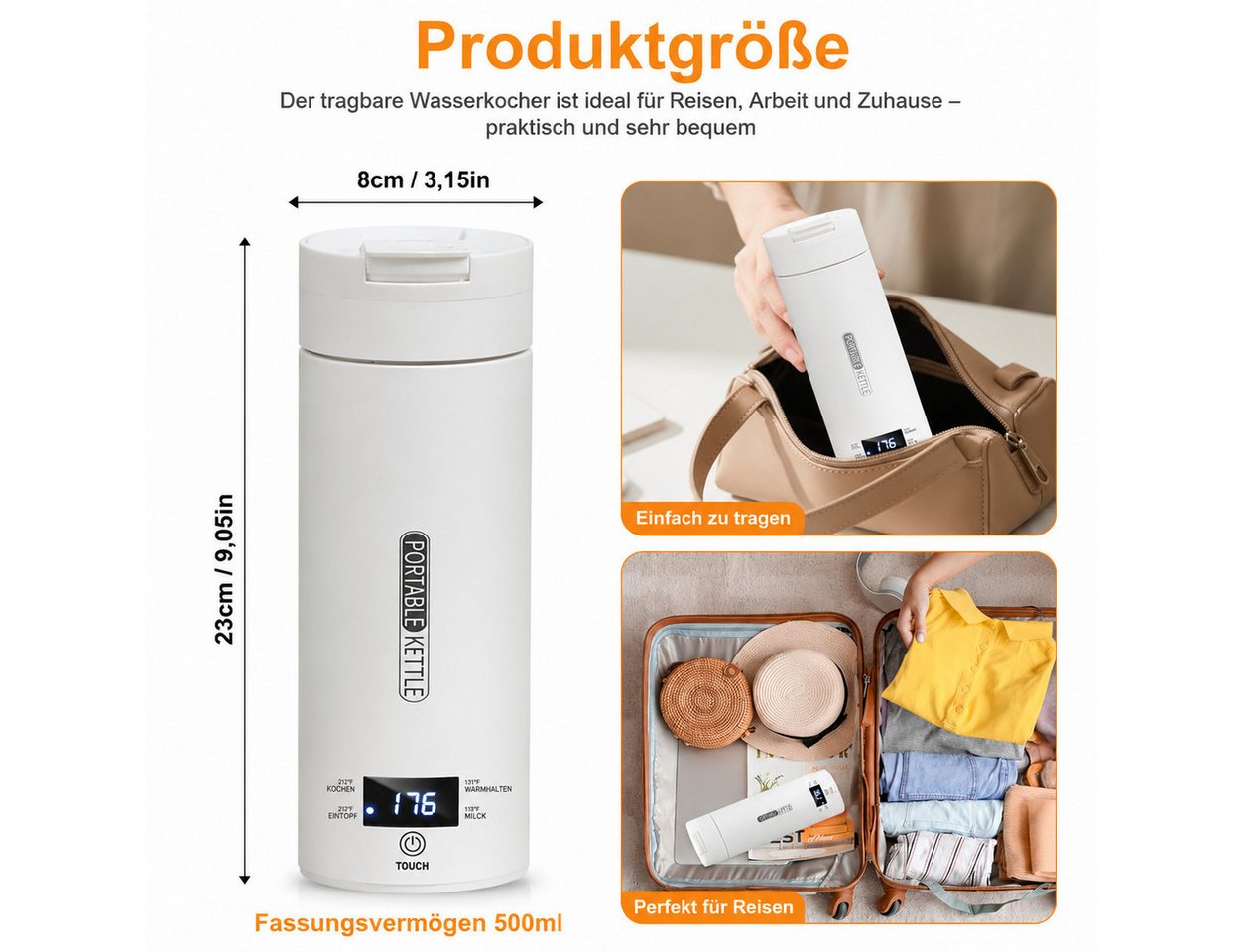 Fyrove Reise-Wasserkocher 500ml aus Edelstahl mit Temperaturanzeige,Tragbarer Wasserkocher, 300 W, Tragbarer Wasserkocher,für Büro, Camping und Reisen Bild 3