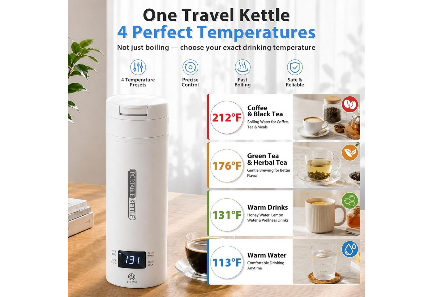 Fyrove Reise-Wasserkocher 500ml aus Edelstahl mit Temperaturanzeige,Tragbarer Wasserkocher, 300 W, Tragbarer Wasserkocher,für Büro, Camping und Reisen Bild 4