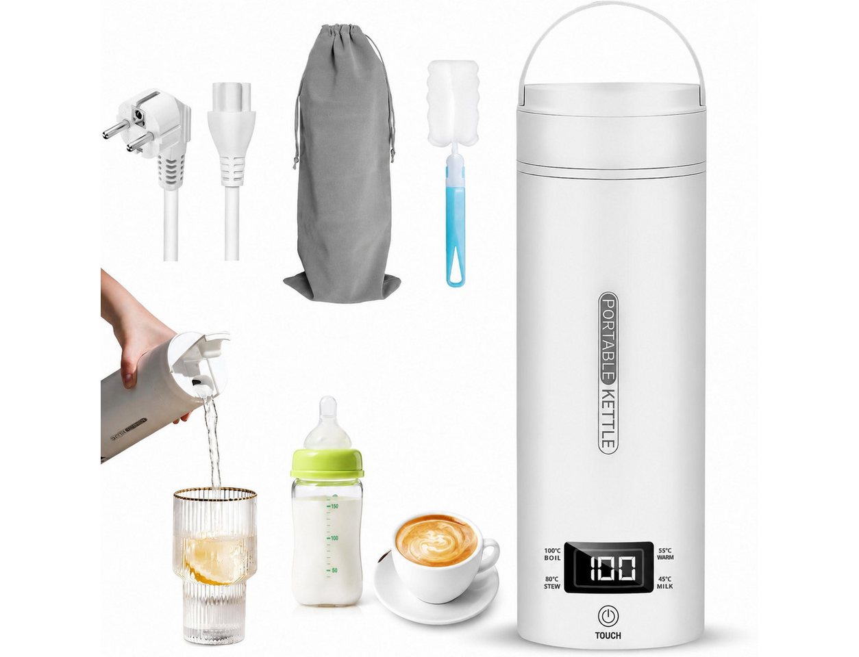 Fyrove Reise-Wasserkocher 500ml aus Edelstahl mit Temperaturanzeige,Tragbarer Wasserkocher, 300 W, Tragbarer Wasserkocher,für Büro, Camping und Reisen Bild 5