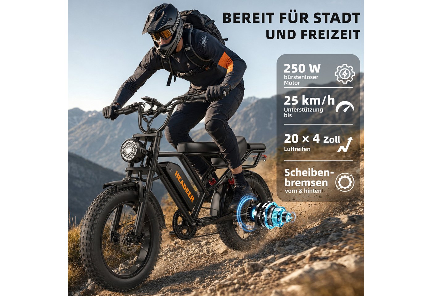 WHEELYOU E-Bike Mountainbike Herren u. Damen E-Fatbike 20 Zoll 250W 960Wh 80km Scheibenbremse, Kettenschaltung, Heckmotor, 960 Wh, (Beleuchtungsset mit Batterieladegerät, Batterieschlüssel, Werkzeug), Scheibenbremse Vollfederung LCD-Display 150kg Zuladung 39,5kg Bild 2