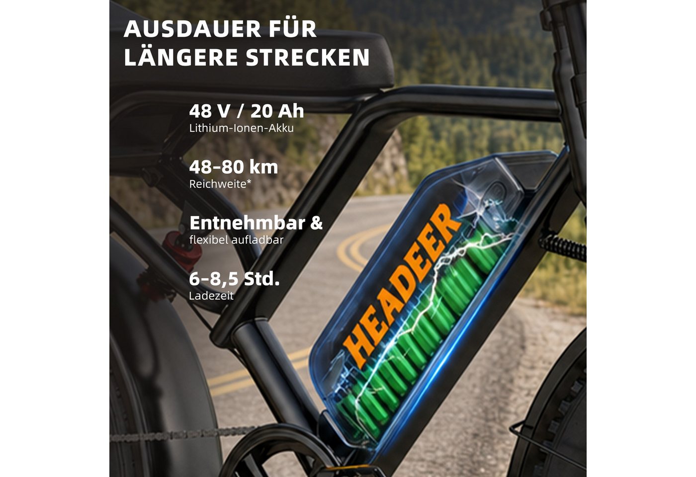 WHEELYOU E-Bike Mountainbike Herren u. Damen E-Fatbike 20 Zoll 250W 960Wh 80km Scheibenbremse, Kettenschaltung, Heckmotor, 960 Wh, (Beleuchtungsset mit Batterieladegerät, Batterieschlüssel, Werkzeug), Scheibenbremse Vollfederung LCD-Display 150kg Zuladung 39,5kg Bild 4
