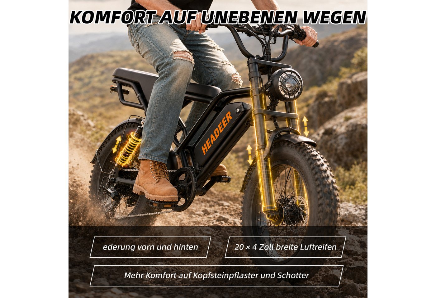 WHEELYOU E-Bike Mountainbike Herren u. Damen E-Fatbike 20 Zoll 250W 960Wh 80km Scheibenbremse, Kettenschaltung, Heckmotor, 960 Wh, (Beleuchtungsset mit Batterieladegerät, Batterieschlüssel, Werkzeug), Scheibenbremse Vollfederung LCD-Display 150kg Zuladung 39,5kg Bild 5