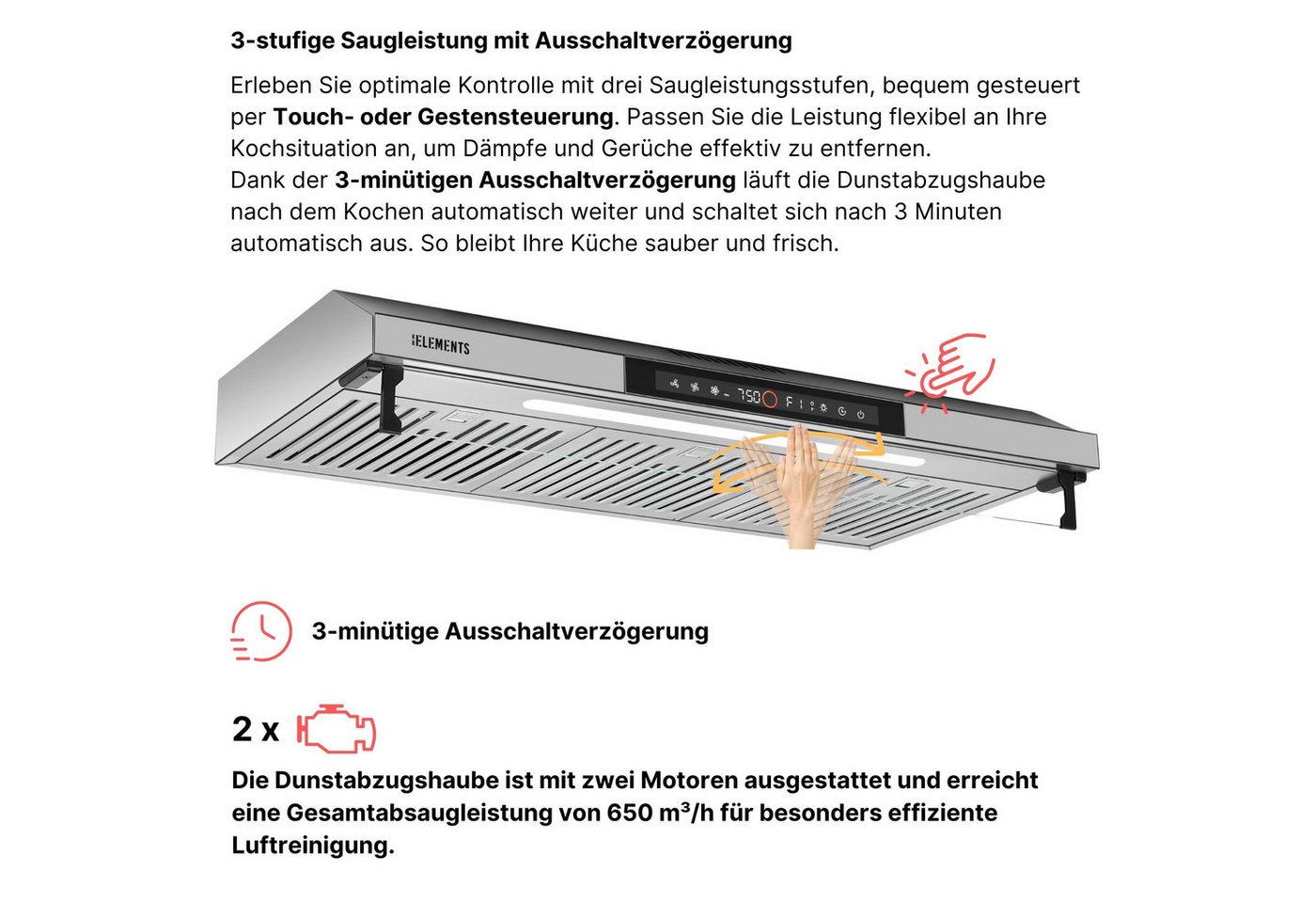 KB Elements Unterbauhaube Doppelter motor 2 x 80 Watt, 650 m³/h Absaugleistung Doppelter motor, Touch / Gestensteuerung