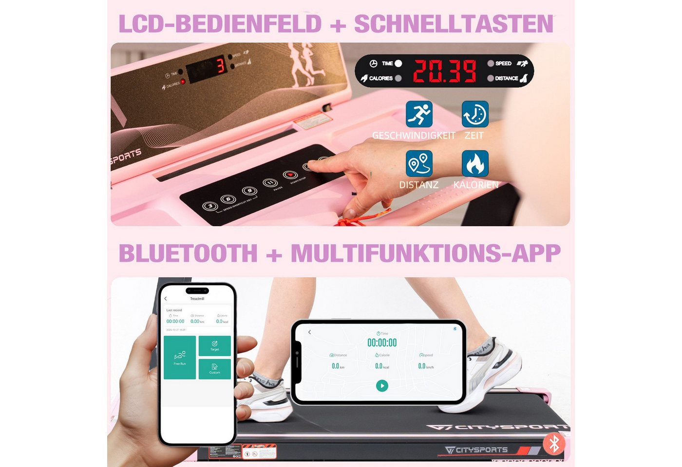 CITYSPORTS Laufband WP9 für Zuhause, 1400 W, 1–12 km/h, klappbar, mit manueller Steigung (Mit toolkit, Schmiermittel), App & Bluetooth, 102 × 40 cm Lauffläche, bis 120 kg Bild 2