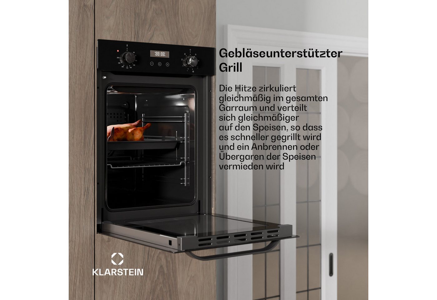 Klarstein Backofen SmartSlim Backofen 49L 9 Funktionen 2000W elektronisch Drehregler SmartSlim, mit Verchromte Auszüge, kein, Slim Built-in Oven 49L mit Timer 2000W & Dampf-Reinigung Halogen