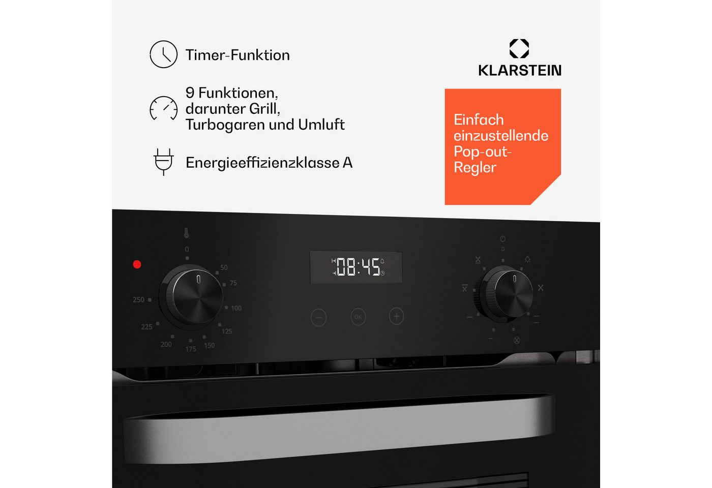 Klarstein Backofen SmartSlim Backofen 49L 9 Funktionen 2000W elektronisch Drehregler SmartSlim, mit Verchromte Auszüge, kein, Slim Built-in Oven 49L mit Timer 2000W & Dampf-Reinigung Halogen Bild 2