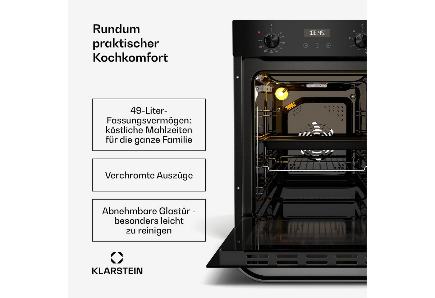 Klarstein Backofen SmartSlim Backofen 49L 9 Funktionen 2000W elektronisch Drehregler SmartSlim, mit Verchromte Auszüge, kein, Slim Built-in Oven 49L mit Timer 2000W & Dampf-Reinigung Halogen Bild 4