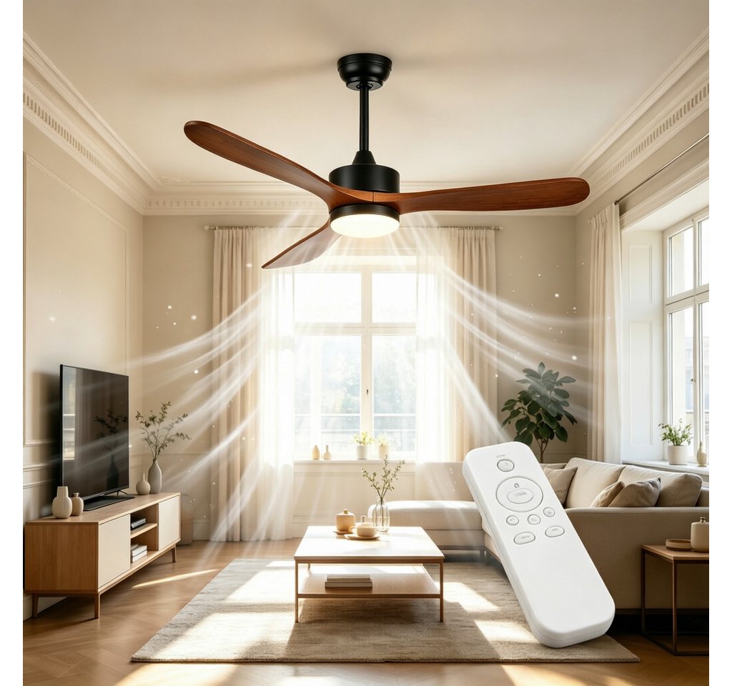 GarveeMore Deckenventilator mit LED Licht & Fernbedienung & 3 Flügel für Indoor, leise, Holzoptik, 132 cm, DC Motor, 6 Geschwindigkeiten, 3 Lichtfarben, dimmbar