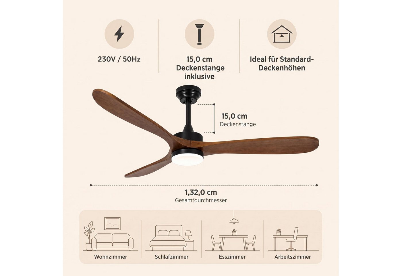 GarveeMore Deckenventilator mit LED Licht & Fernbedienung & 3 Flügel für Indoor, leise, Holzoptik, 132 cm, DC Motor, 6 Geschwindigkeiten, 3 Lichtfarben, dimmbar Bild 2