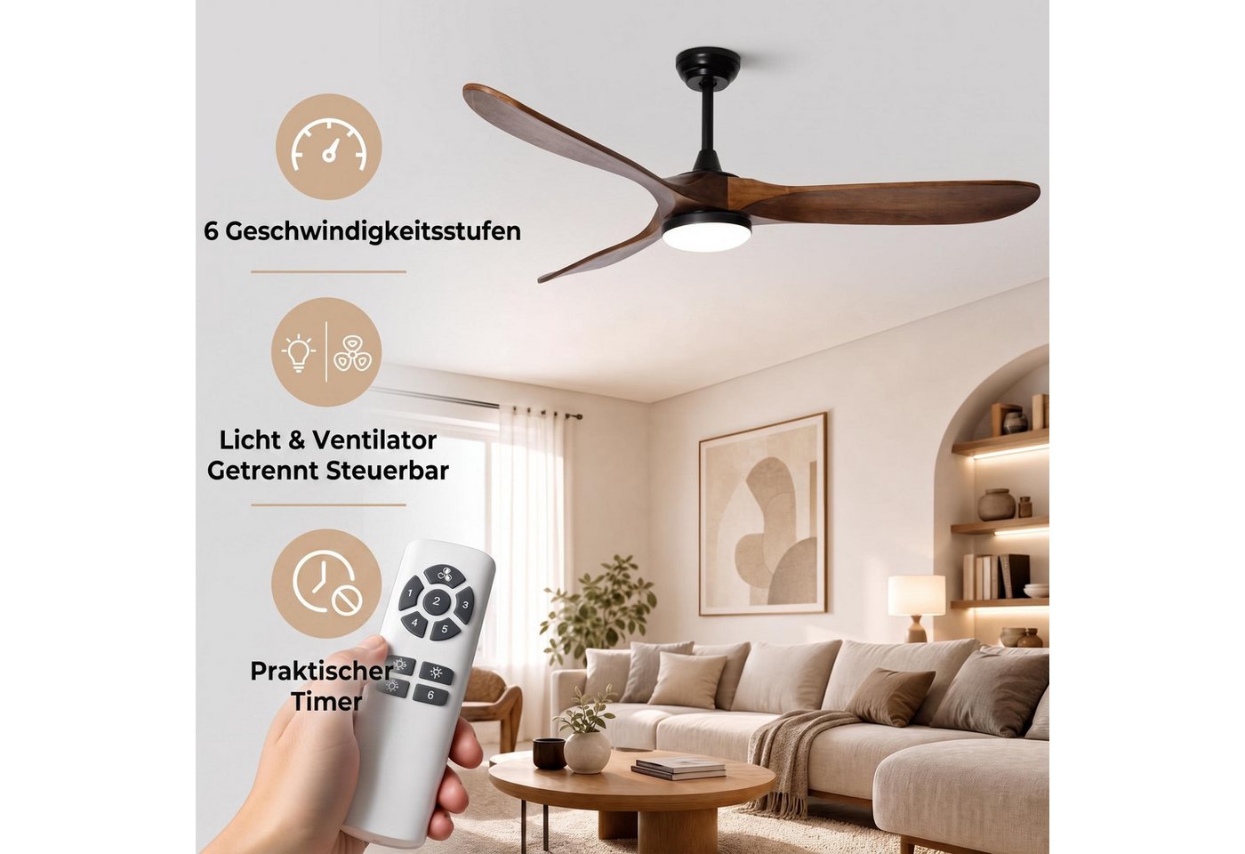 GarveeMore Deckenventilator mit LED Licht & Fernbedienung & 3 Flügel für Indoor, leise, Holzoptik, 132 cm, DC Motor, 6 Geschwindigkeiten, 3 Lichtfarben, dimmbar Bild 3