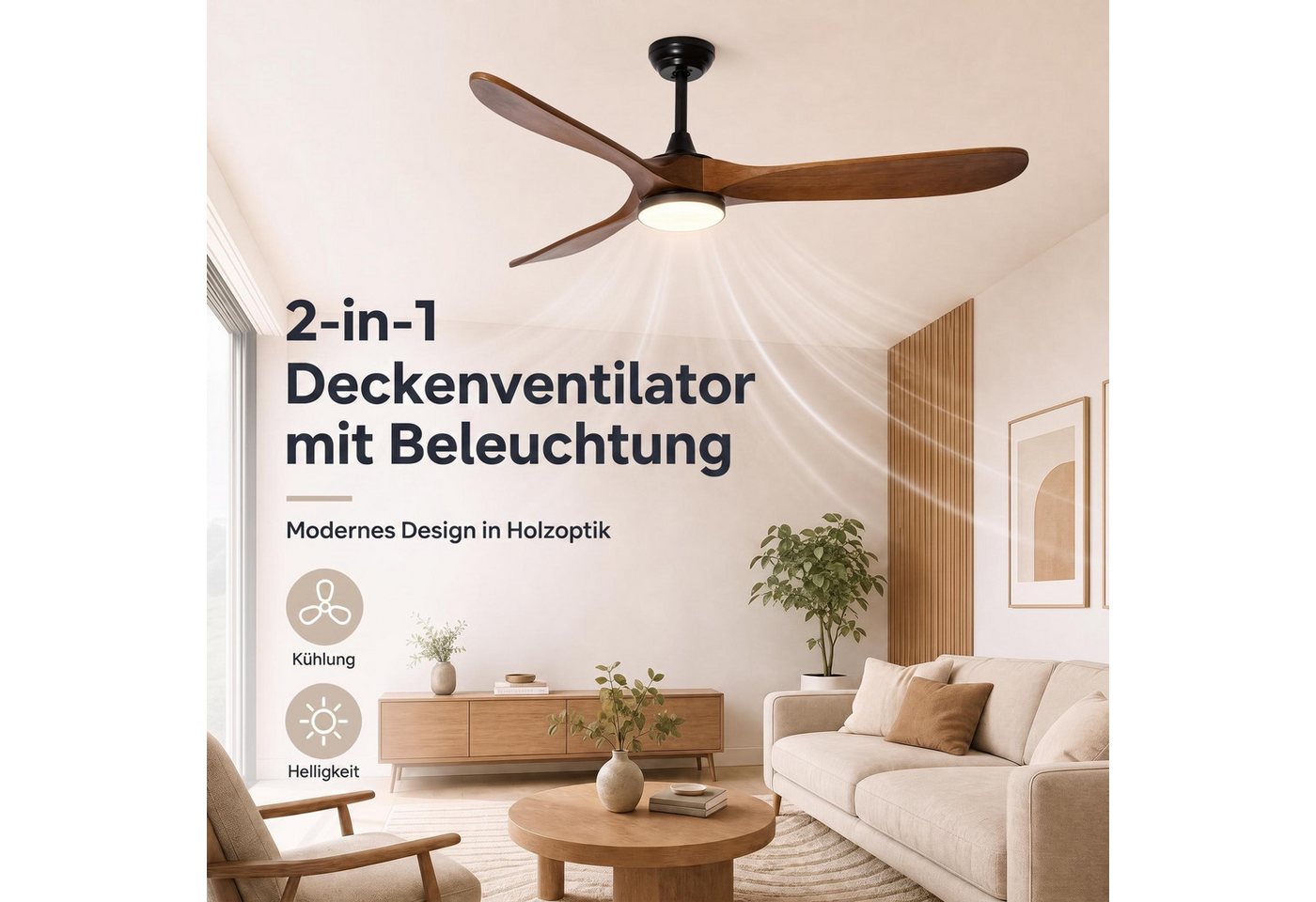 GarveeMore Deckenventilator mit LED Licht & Fernbedienung & 3 Flügel für Indoor, leise, Holzoptik, 132 cm, DC Motor, 6 Geschwindigkeiten, 3 Lichtfarben, dimmbar Bild 5