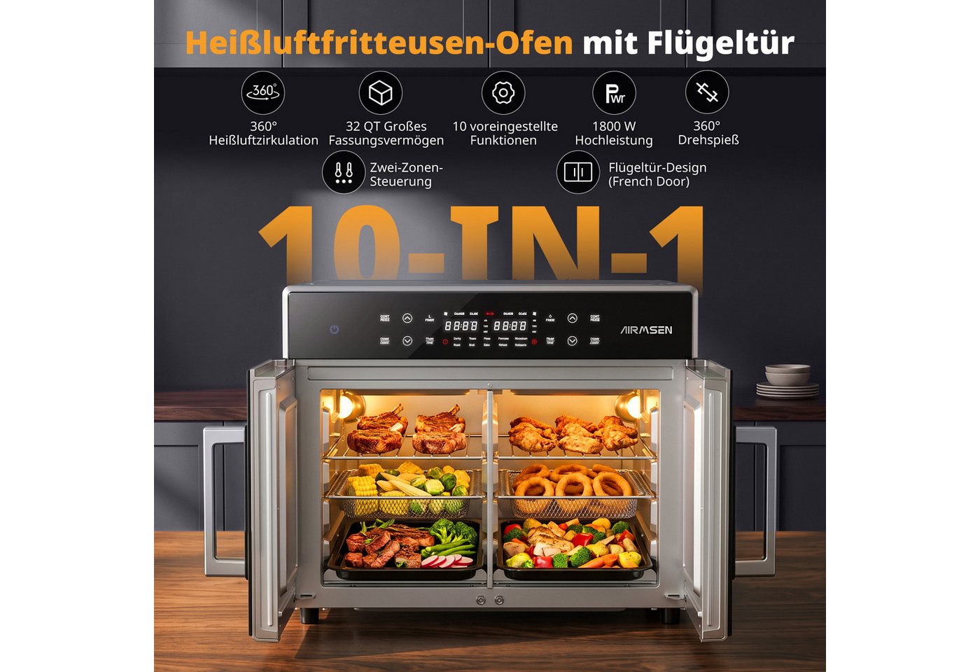 Airmsen Minibackofen 30L XL Heißluftfritteuse mit Doppeltür,2400W Minibackofen Umluft, 10 voreingestellte Programme,Smartes Zwei-Zonen-Garen,15 Zubehör