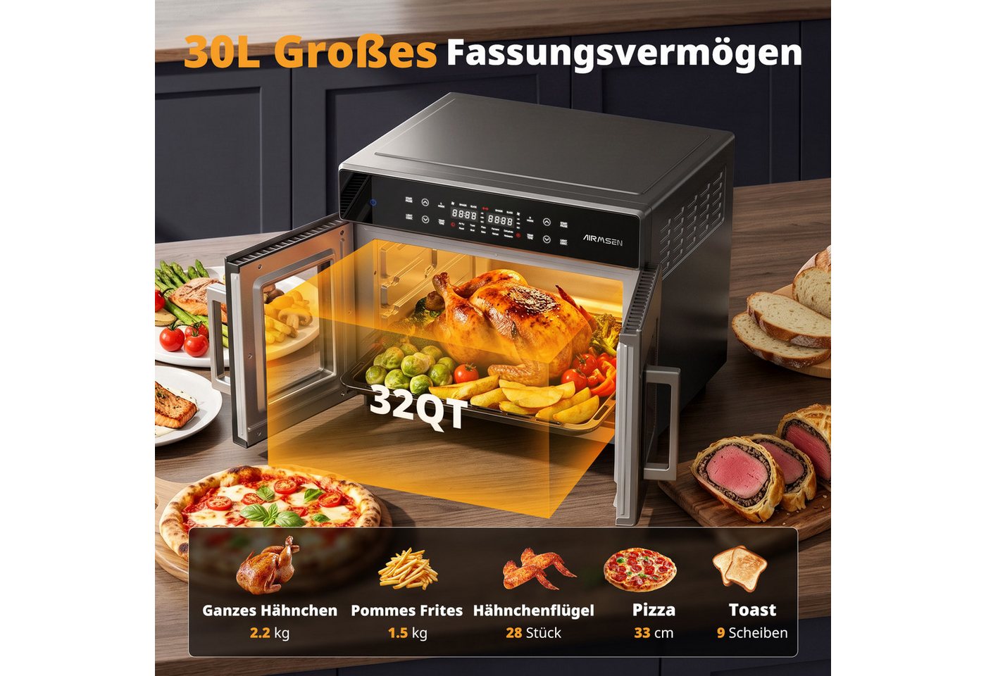 Airmsen Minibackofen 30L XL Heißluftfritteuse mit Doppeltür,2400W Minibackofen Umluft, 10 voreingestellte Programme,Smartes Zwei-Zonen-Garen,15 Zubehör Bild 2