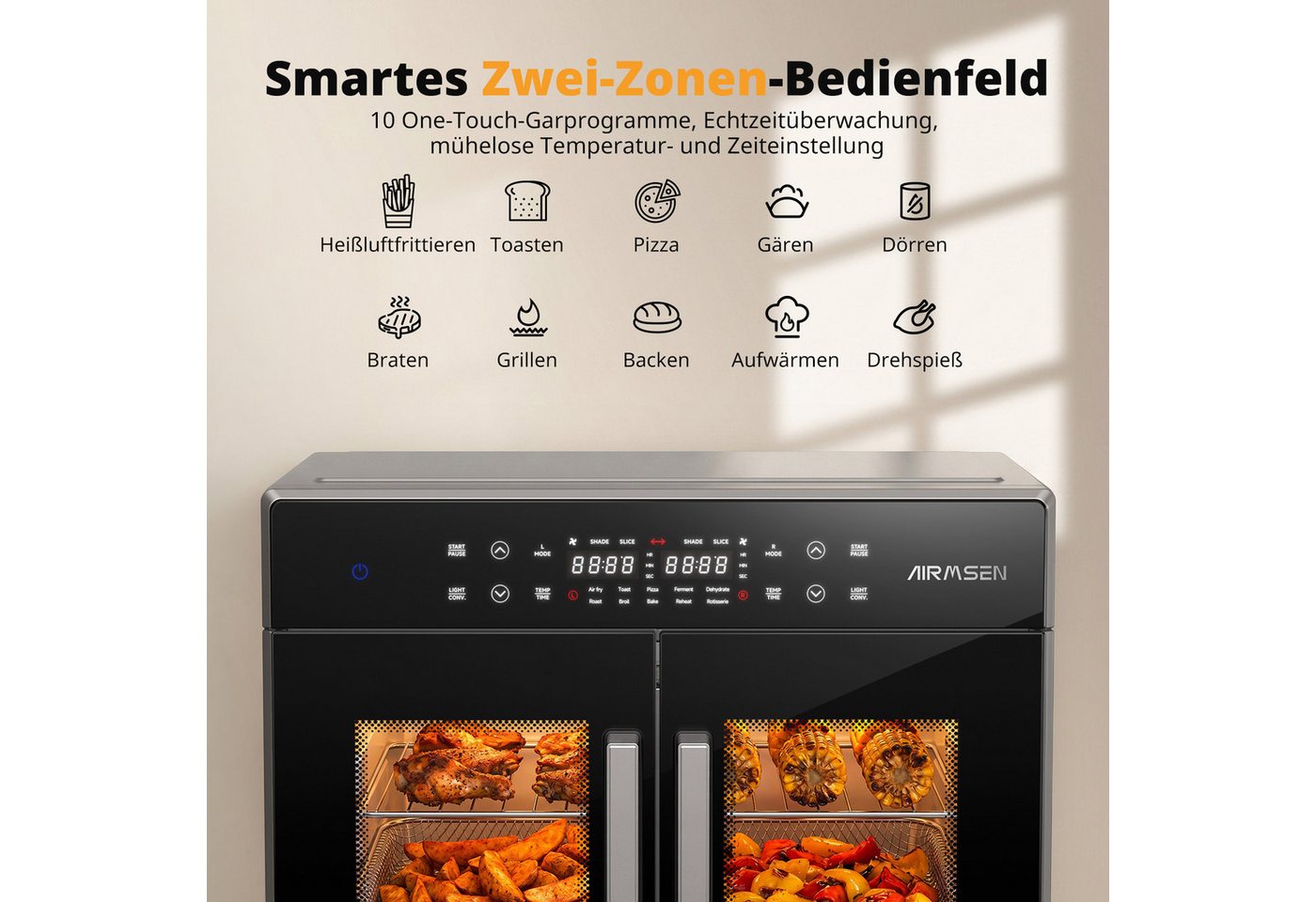 Airmsen Minibackofen 30L XL Heißluftfritteuse mit Doppeltür,2400W Minibackofen Umluft, 10 voreingestellte Programme,Smartes Zwei-Zonen-Garen,15 Zubehör Bild 3