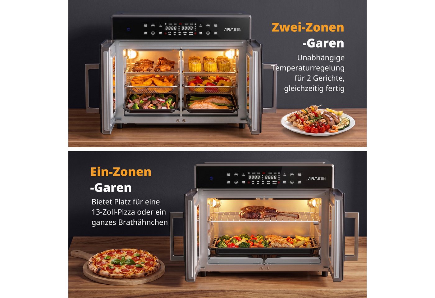 Airmsen Minibackofen 30L XL Heißluftfritteuse mit Doppeltür,2400W Minibackofen Umluft, 10 voreingestellte Programme,Smartes Zwei-Zonen-Garen,15 Zubehör Bild 5