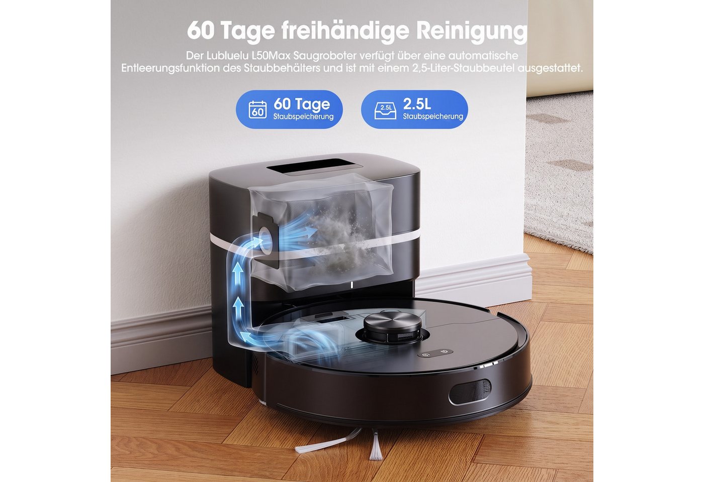 lubluelu Saugroboter L50 MAX mit Wischfunktion Sauger und Wisch Staubsauger 7500pa, 400 W, mit Beutel, Haarschneide-Anti-Verfilzungs-Technologie der Hauptbürste Bild 3