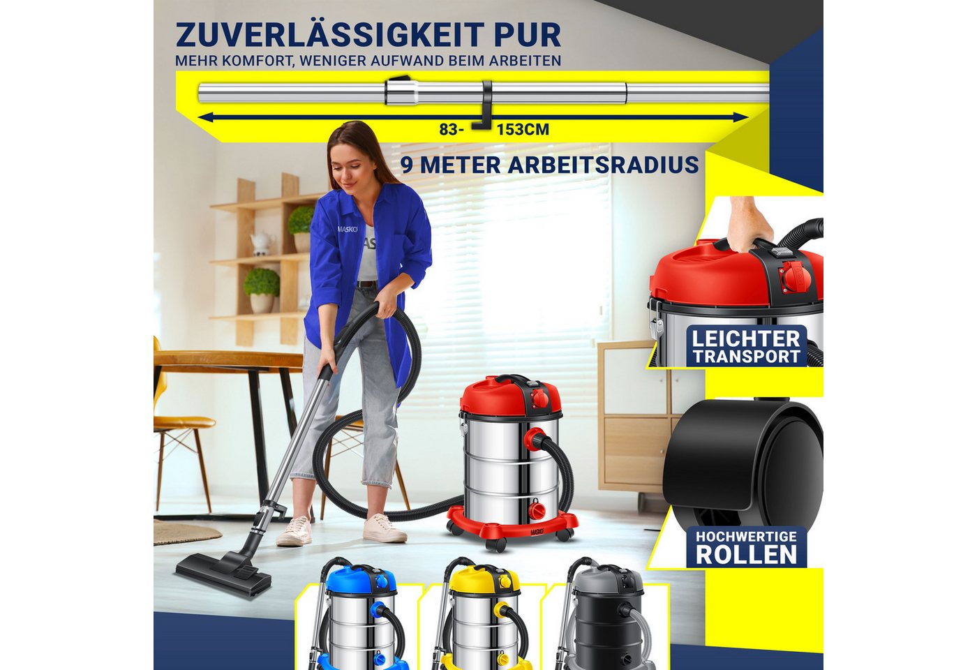 MASKO Industriesauger, 2300 W, Nass- & Trocken Saugen inkl. Beutel, HEPA Filter + Aufsätze