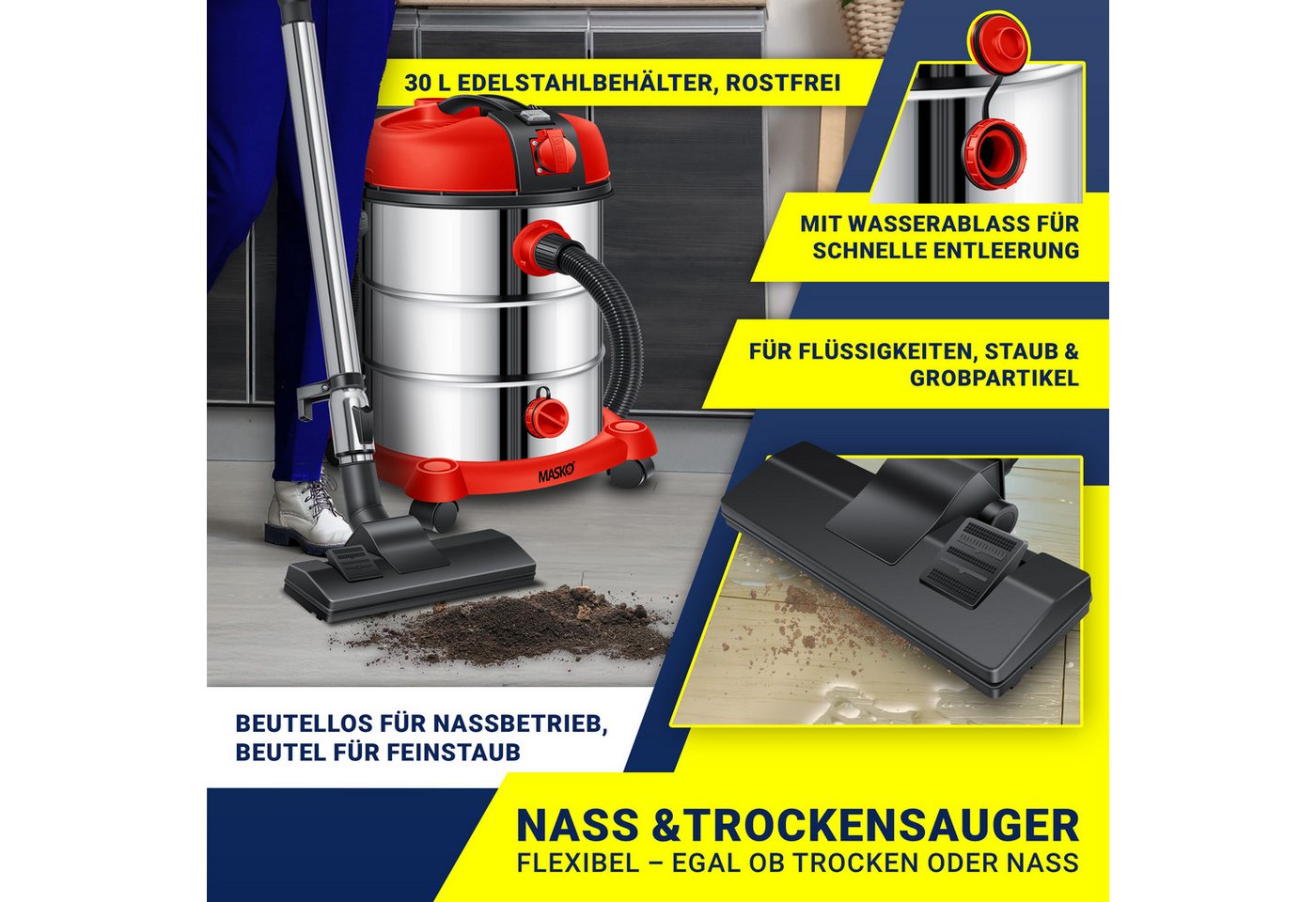 MASKO Industriesauger, 2300 W, Nass- & Trocken Saugen inkl. Beutel, HEPA Filter + Aufsätze Bild 5