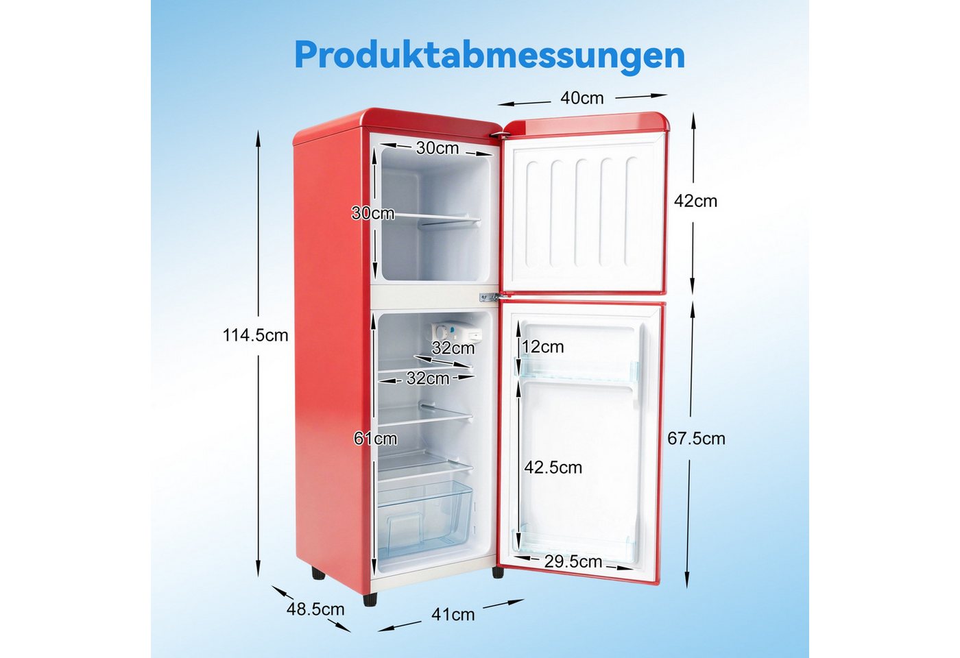 Blossom Kühlschrank 112L BCD-112R, 114.5 cm hoch, 41 cm breit, 7 Temperaturstufen LED für Küche Büro Wohnzimmer Bild 2