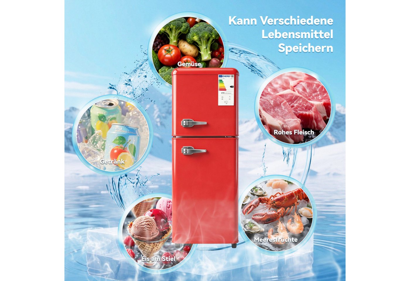Blossom Kühlschrank 112L BCD-112R, 114.5 cm hoch, 41 cm breit, 7 Temperaturstufen LED für Küche Büro Wohnzimmer Bild 4