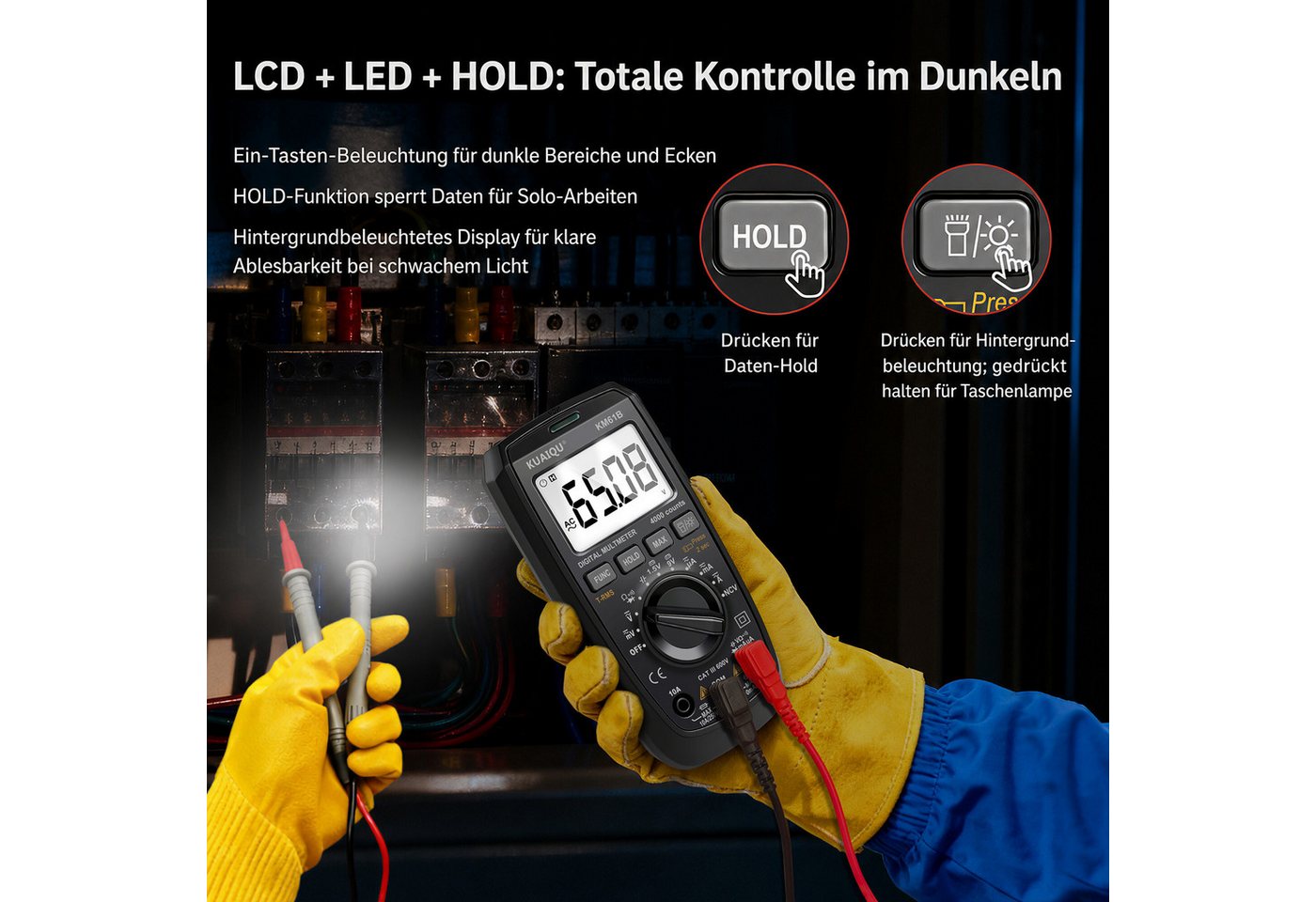 BBWL Multimeter 600V AC/DC mit NCV, LED-Taschenlampe und LCD-HOLD, für sichere Elektrodiagnose im Haushalt Bild 5