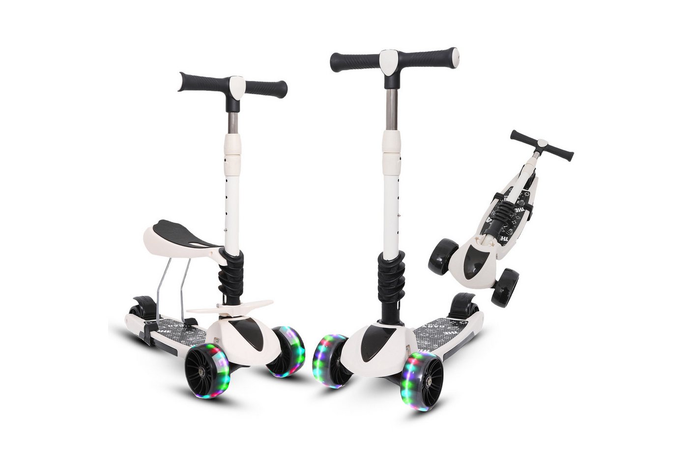 Habib Gruppe Sitzscooter 3in1 Kinderroller mit Sitz und Fußstützen, LED-Räder, Sitz mit Fußstützen, klappbar