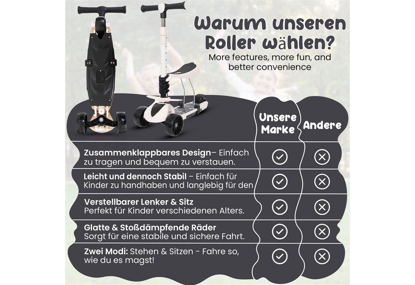 Habib Gruppe Sitzscooter 3in1 Kinderroller mit Sitz und Fußstützen, LED-Räder, Sitz mit Fußstützen, klappbar Bild 4
