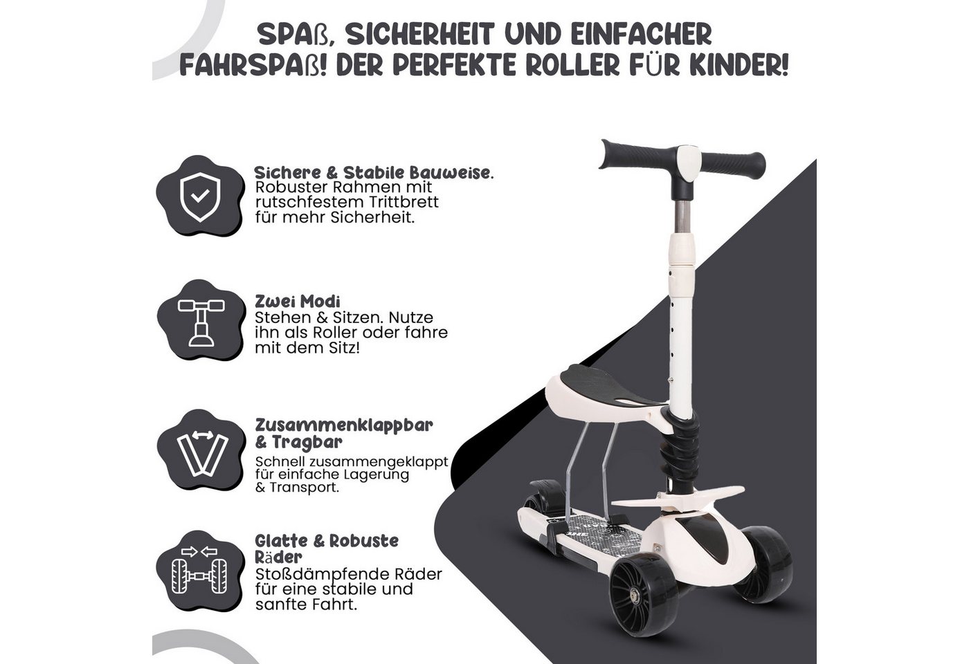 Habib Gruppe Sitzscooter 3in1 Kinderroller mit Sitz und Fußstützen, LED-Räder, Sitz mit Fußstützen, klappbar Bild 5