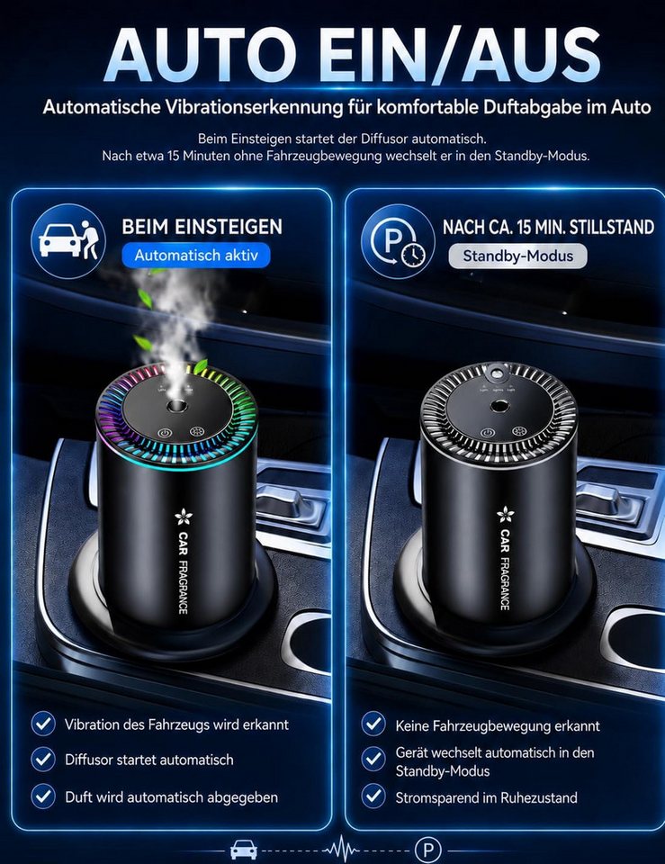 Toomoke Luftbefeuchter Auto Lufterfrischer Auto Elektrischer Duft, Ultraschall-Zerstäuber, 3 Modi, Auto EIN/Ausschalten, Eingebauter Akku, Aroma Diffusor Bild 4