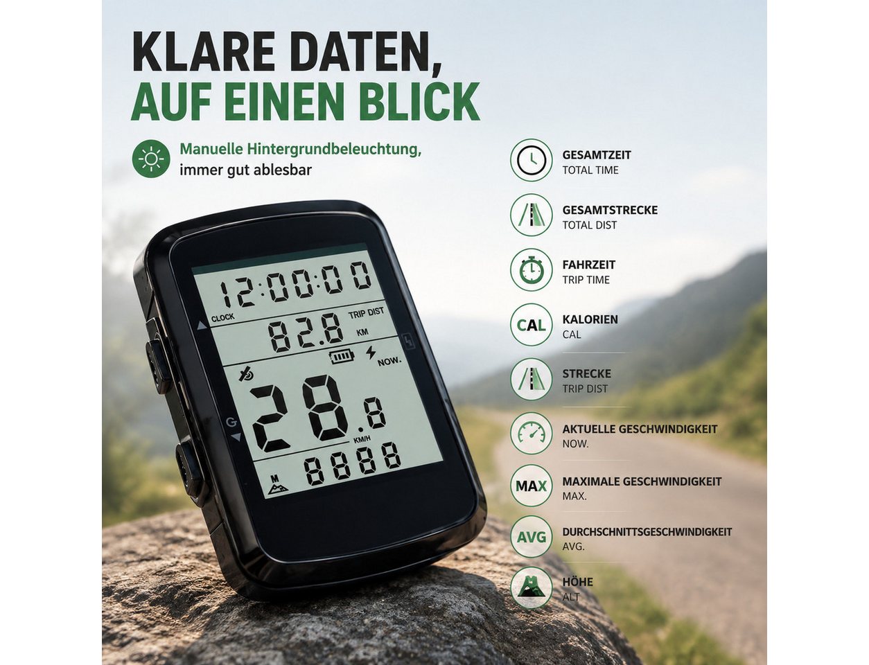 Toomoke Fahrradcomputer Fahrradcomputer 2,4 Zoll, kabelloser Fahrradtacho (Geschwindigkeits, Distanzanzeige, Hintergrundbeleuchtung), mit 1200mAh und LCD,USB-C Ladeanschluss Bild 3
