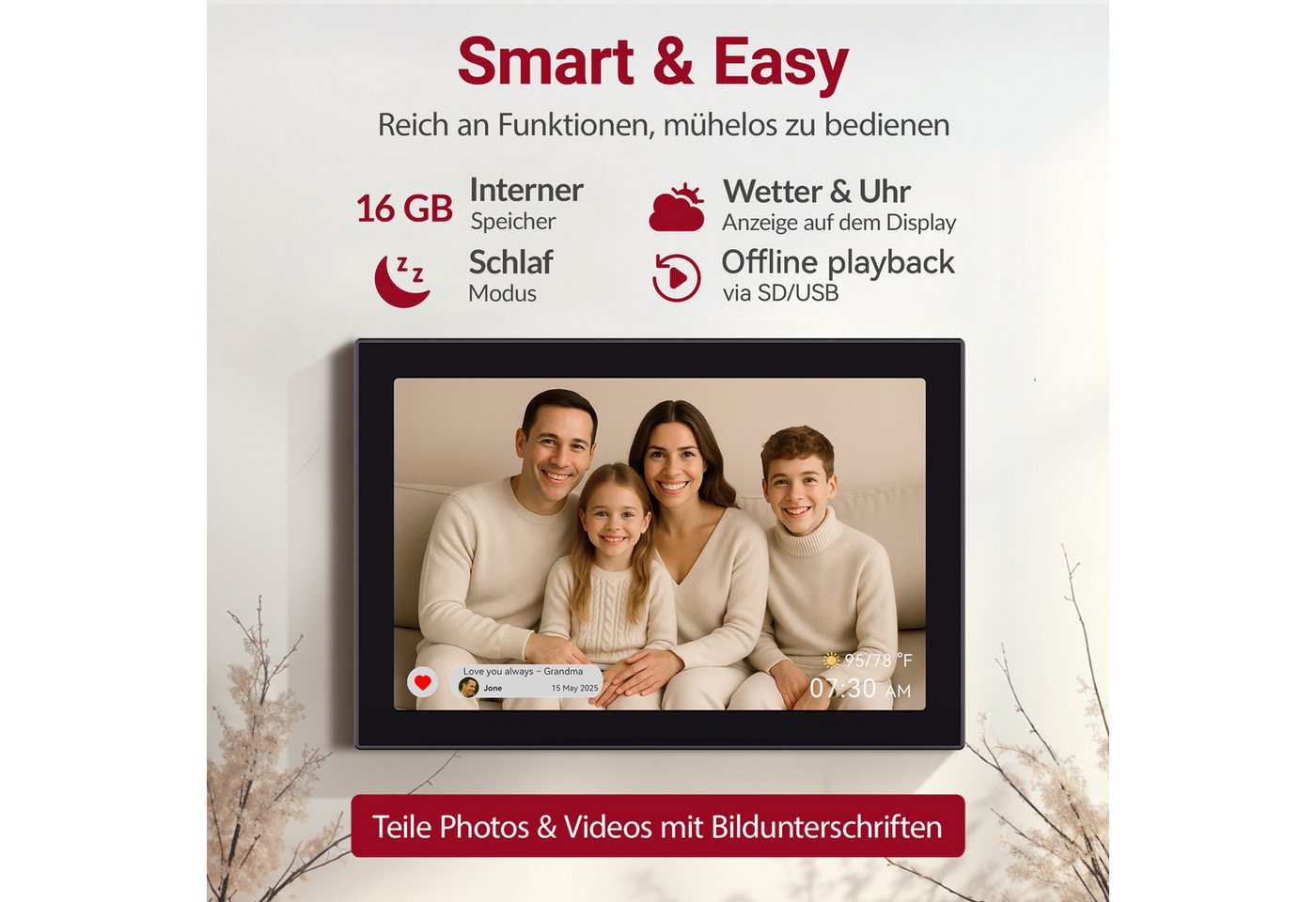 Xoro CPF 10CF -11CF Smartes Display für Foto‑ und Videowiedergabe Digitaler Bilderrahmen (27,94 cm/11 ", 1280 × 800 Pixel, 16 GB, Intuitive Bedienung mit automatischer Bildrotation und App‑Steuerung) Bild 3