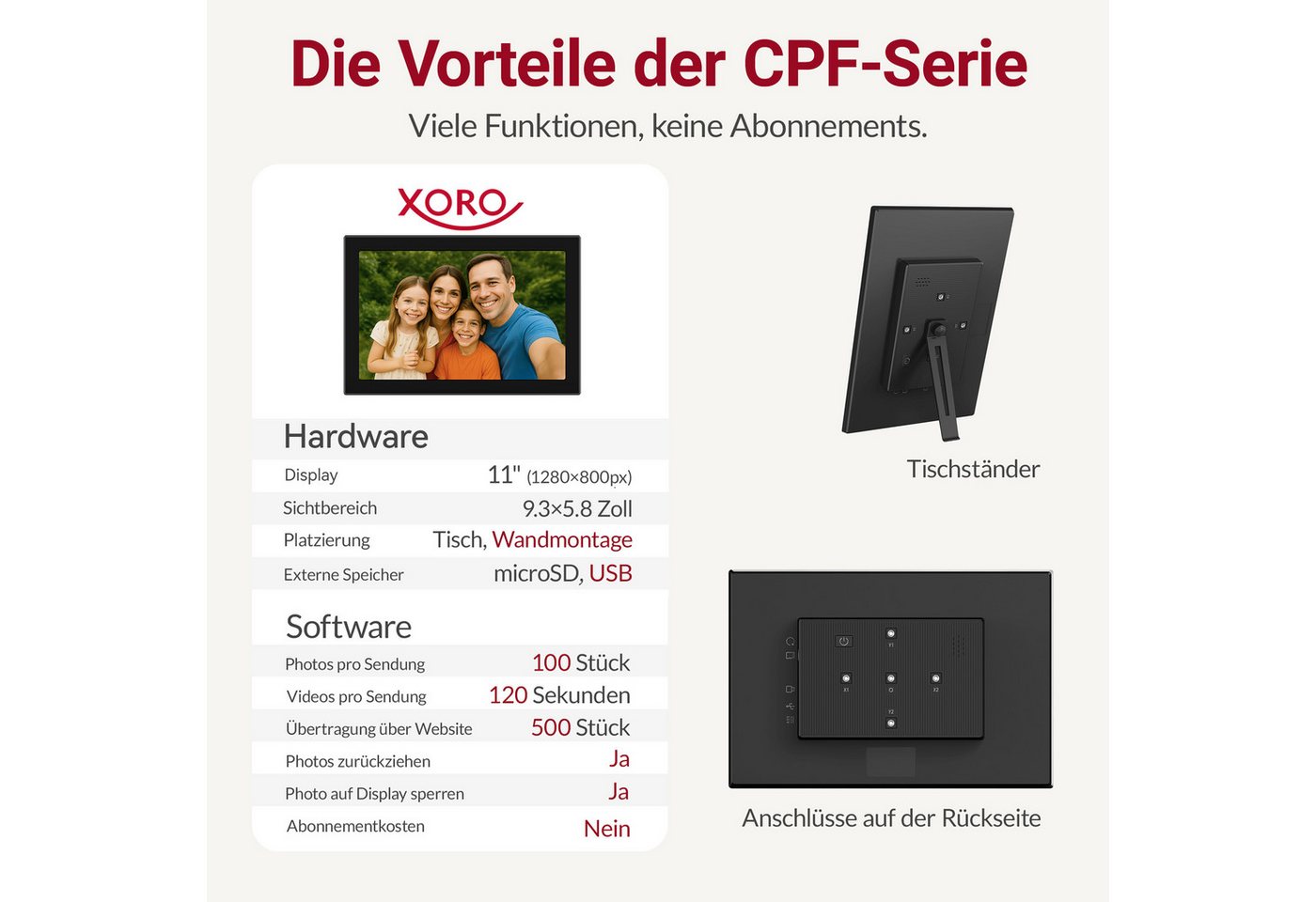 Xoro CPF 10CF -11CF Smartes Display für Foto‑ und Videowiedergabe Digitaler Bilderrahmen (27,94 cm/11 ", 1280 × 800 Pixel, 16 GB, Intuitive Bedienung mit automatischer Bildrotation und App‑Steuerung) Bild 5
