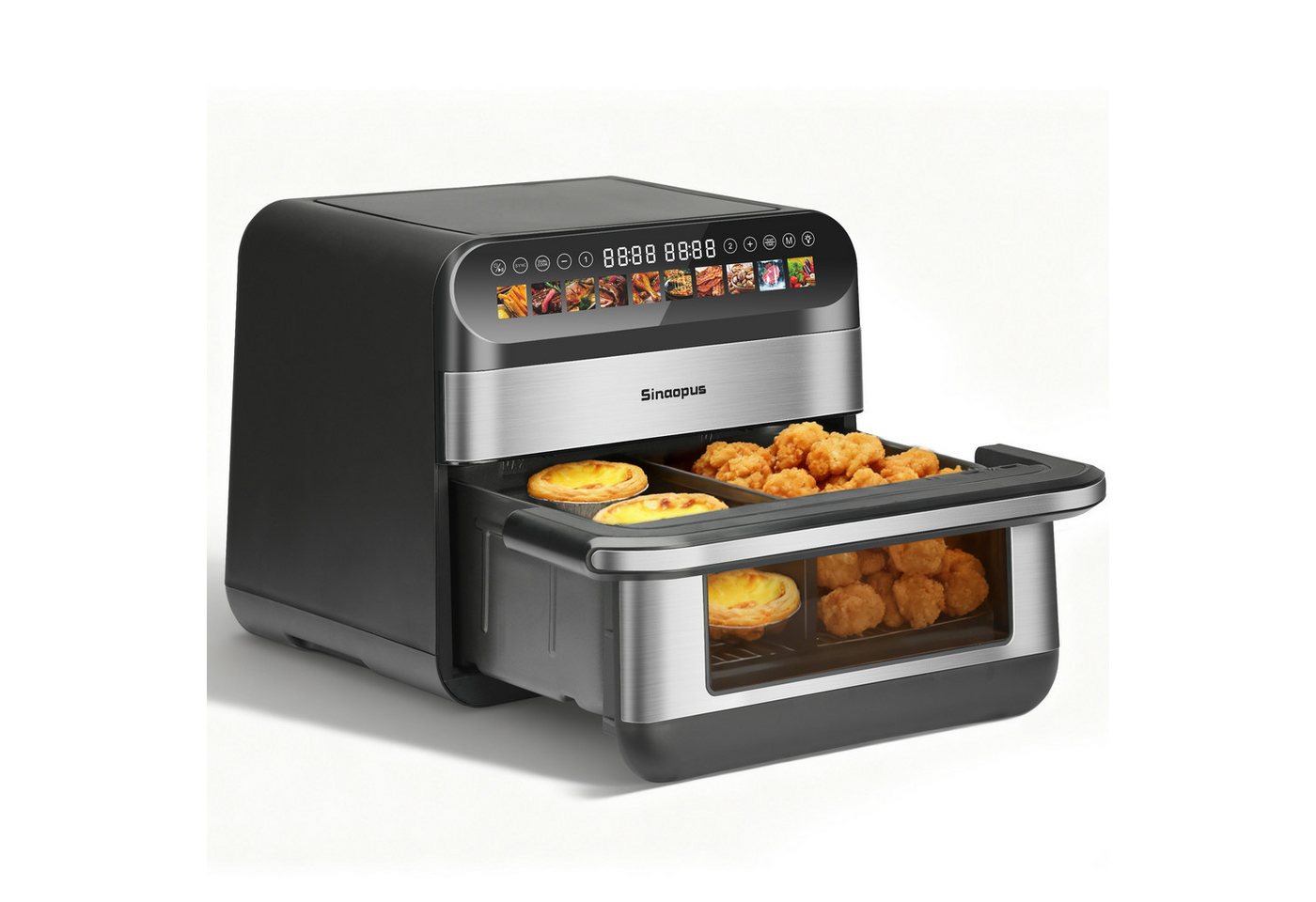 WHEELYOU Heißluftfritteuse 10L XXL Airfryer mit Sichtfenster – Familienessen, Snacks & Meal Prep knusprig garen, 2400 W, 5L+5L Garraum, Touchscreen, 10 Programmen & Trennwand Bild 2