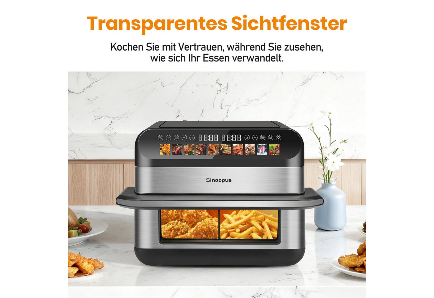 WHEELYOU Heißluftfritteuse 10L XXL Airfryer mit Sichtfenster – Familienessen, Snacks & Meal Prep knusprig garen, 2400 W, 5L+5L Garraum, Touchscreen, 10 Programmen & Trennwand Bild 3