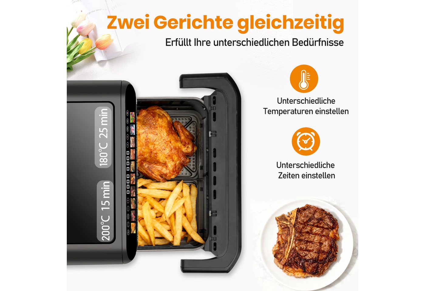 WHEELYOU Heißluftfritteuse 10L XXL Airfryer mit Sichtfenster – Familienessen, Snacks & Meal Prep knusprig garen, 2400 W, 5L+5L Garraum, Touchscreen, 10 Programmen & Trennwand Bild 5