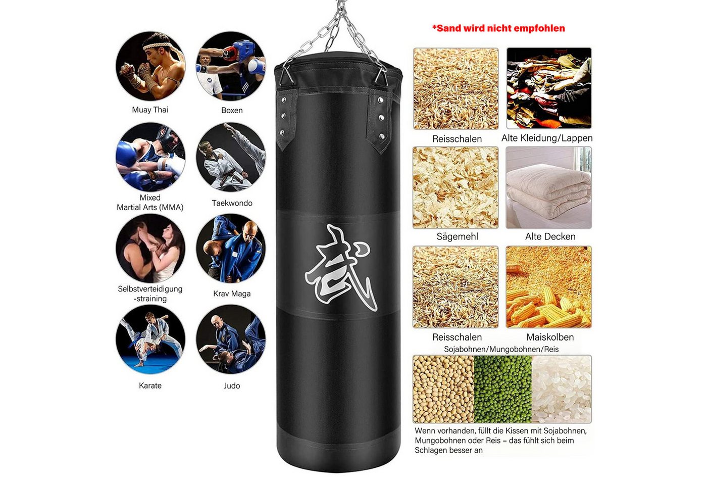 MOPUEA Boxsack Boxsack Sports Boxsack großer Profi Stahlkette Sandsack schwarz 120cm (Hängender Boxsack Set Ungefüllt für Erwachsene Jugend Training), für MMA Muay Thai Karate Taekwondo Training, Oxford-Tuch