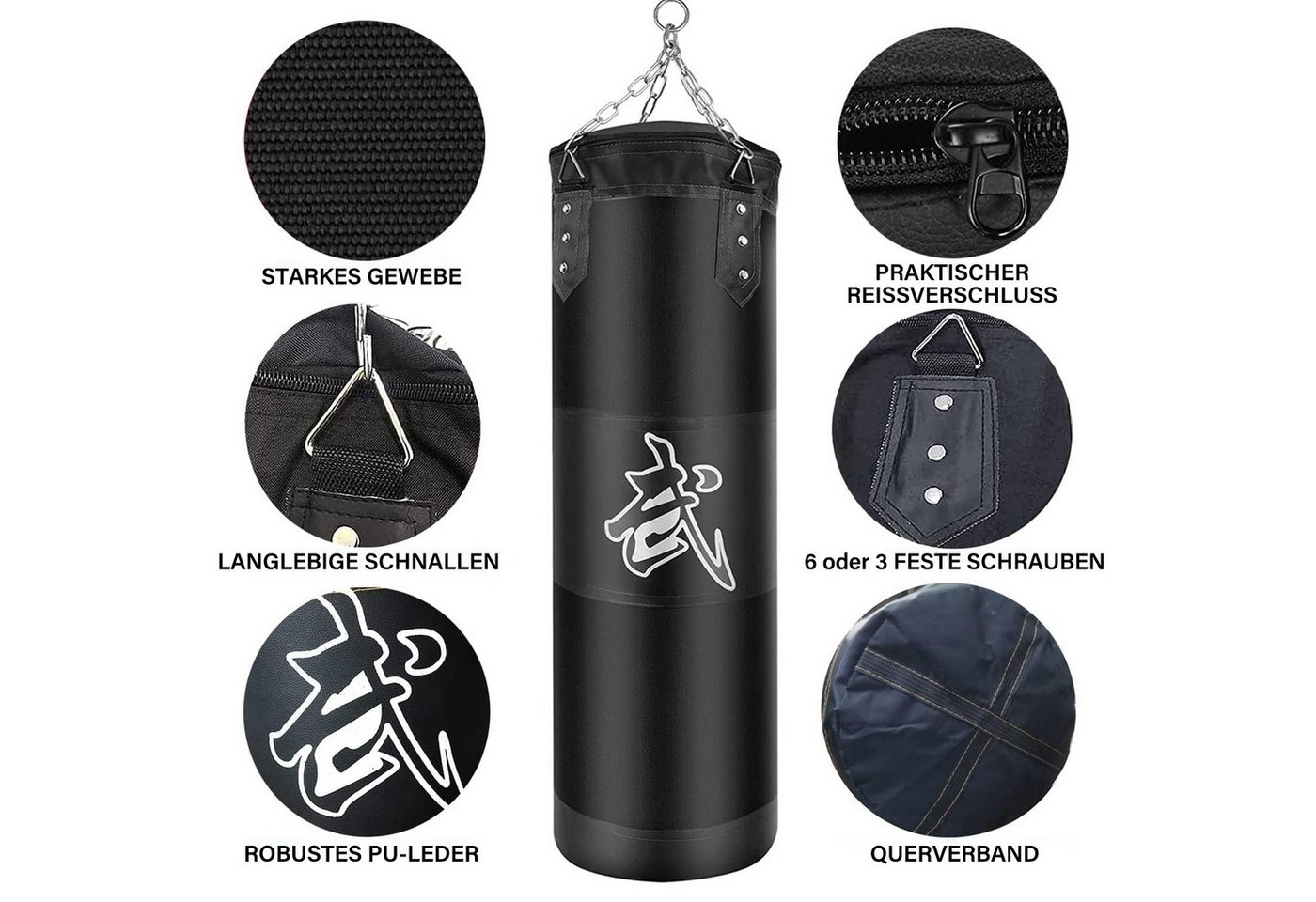 MOPUEA Boxsack Boxsack Sports Boxsack großer Profi Stahlkette Sandsack schwarz 120cm (Hängender Boxsack Set Ungefüllt für Erwachsene Jugend Training), für MMA Muay Thai Karate Taekwondo Training, Oxford-Tuch Bild 2