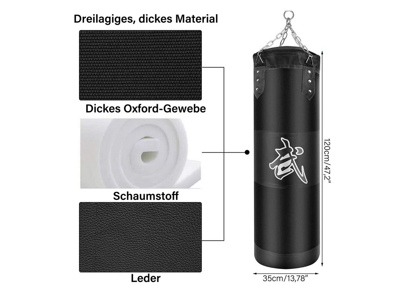 MOPUEA Boxsack Boxsack Sports Boxsack großer Profi Stahlkette Sandsack schwarz 120cm (Hängender Boxsack Set Ungefüllt für Erwachsene Jugend Training), für MMA Muay Thai Karate Taekwondo Training, Oxford-Tuch Bild 3